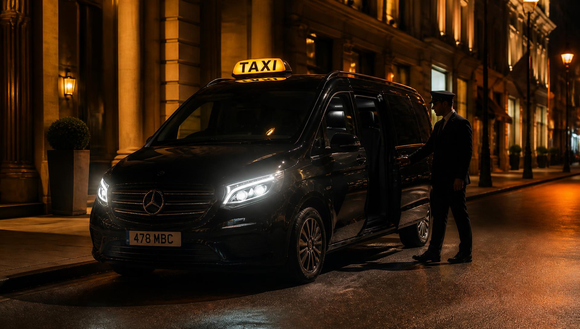 Taxi van Taxi's Jackie met chauffeur die het portier opent in de stad